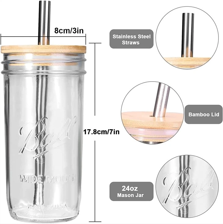 700ML Glass Mason Drinking Jar With Bamboo Lid And Straw