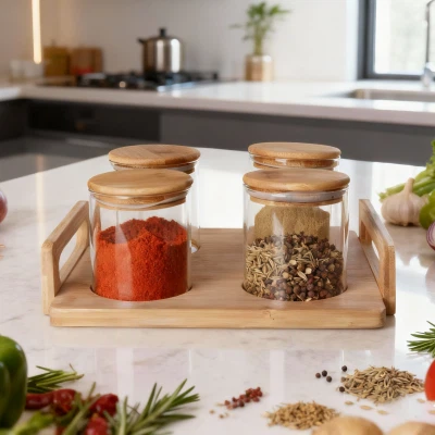 কাঠের ট্রে সহ 4-পিস গোলাকার গ্লাস স্টোরেজ